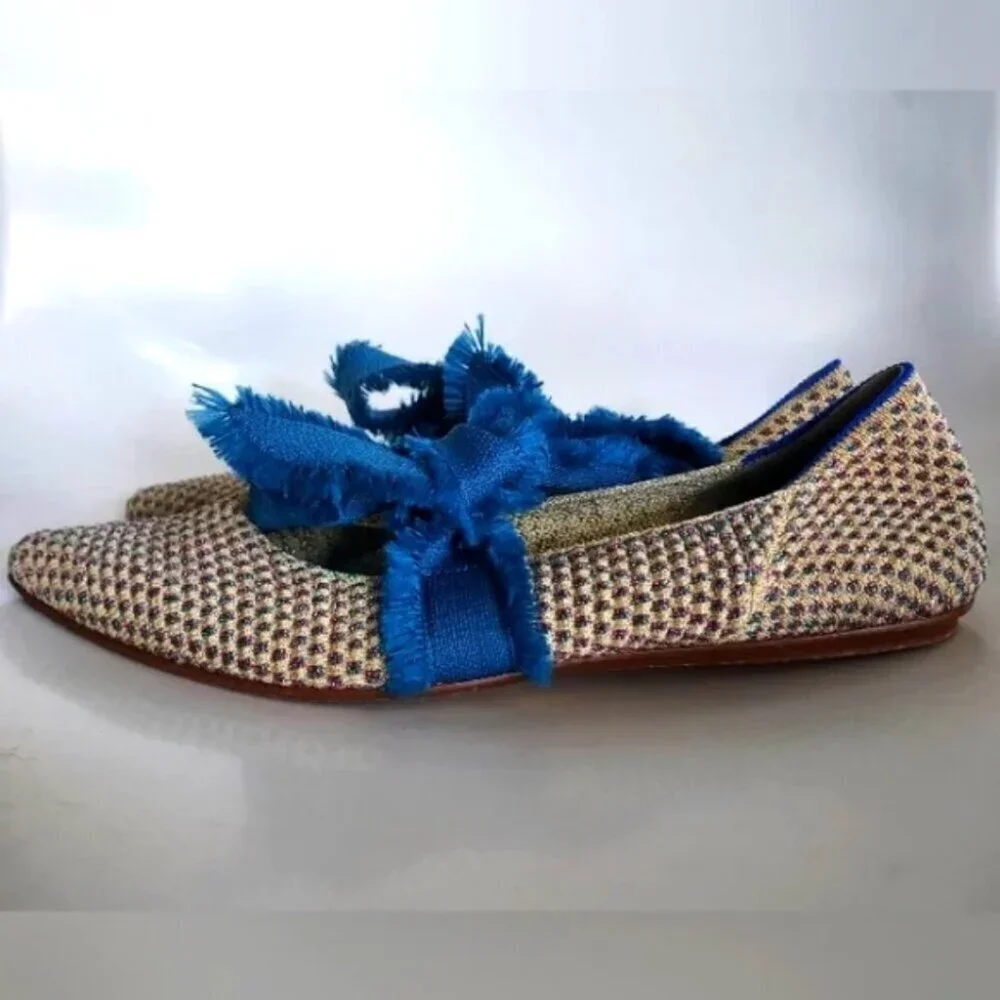 Rothy's Multi Metallic Mary Jane Flats Blue Ribbon Bow Ballet Shoe Pointed Sz 7